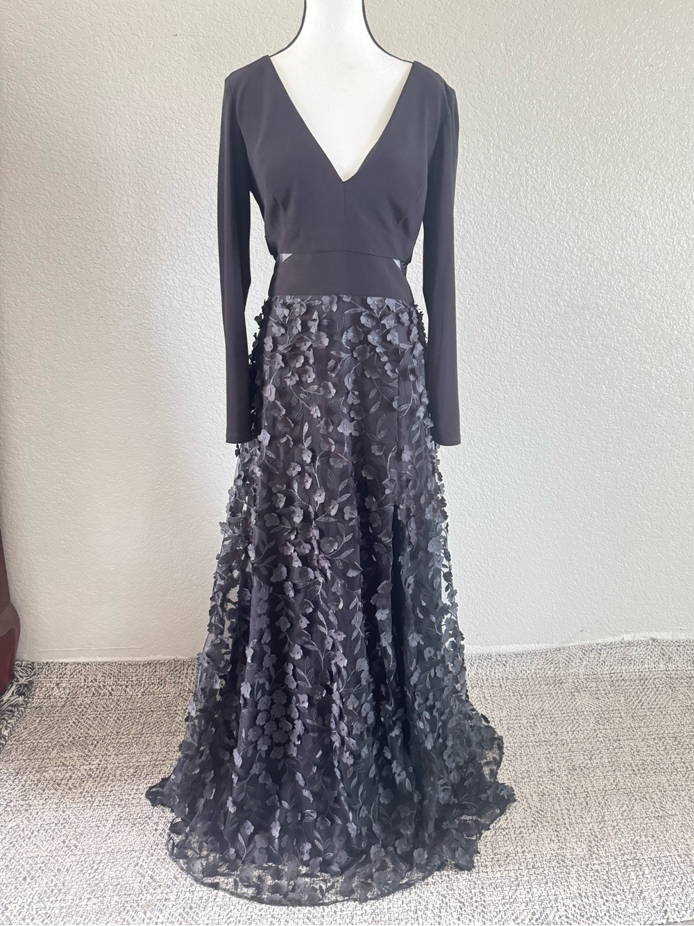 Xscape Black V-Neck Long Sleeve Floral Appliqué Gown